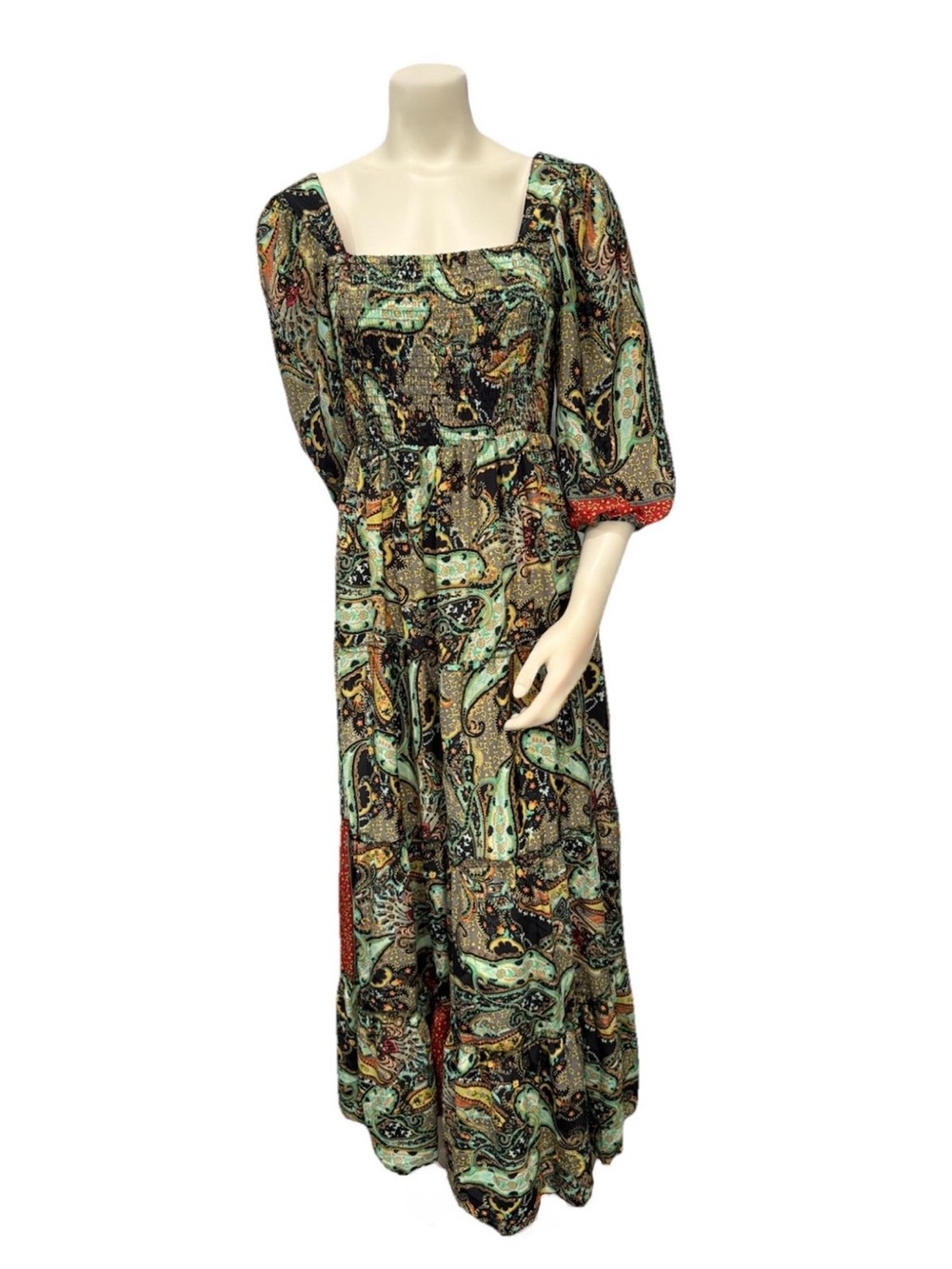 Me2Magic Paisley Boho Maxi Dress Women’s Large Smocked Puff Sleeve Cottagecore